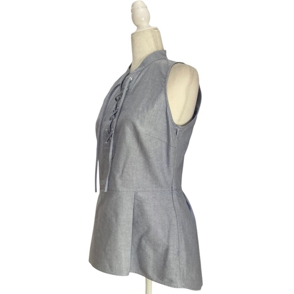 Veronica Beard Lace Up Blouse Sleeveless Pleated Peplum Top Chambray Blue Cotton - Picture 6 of 11